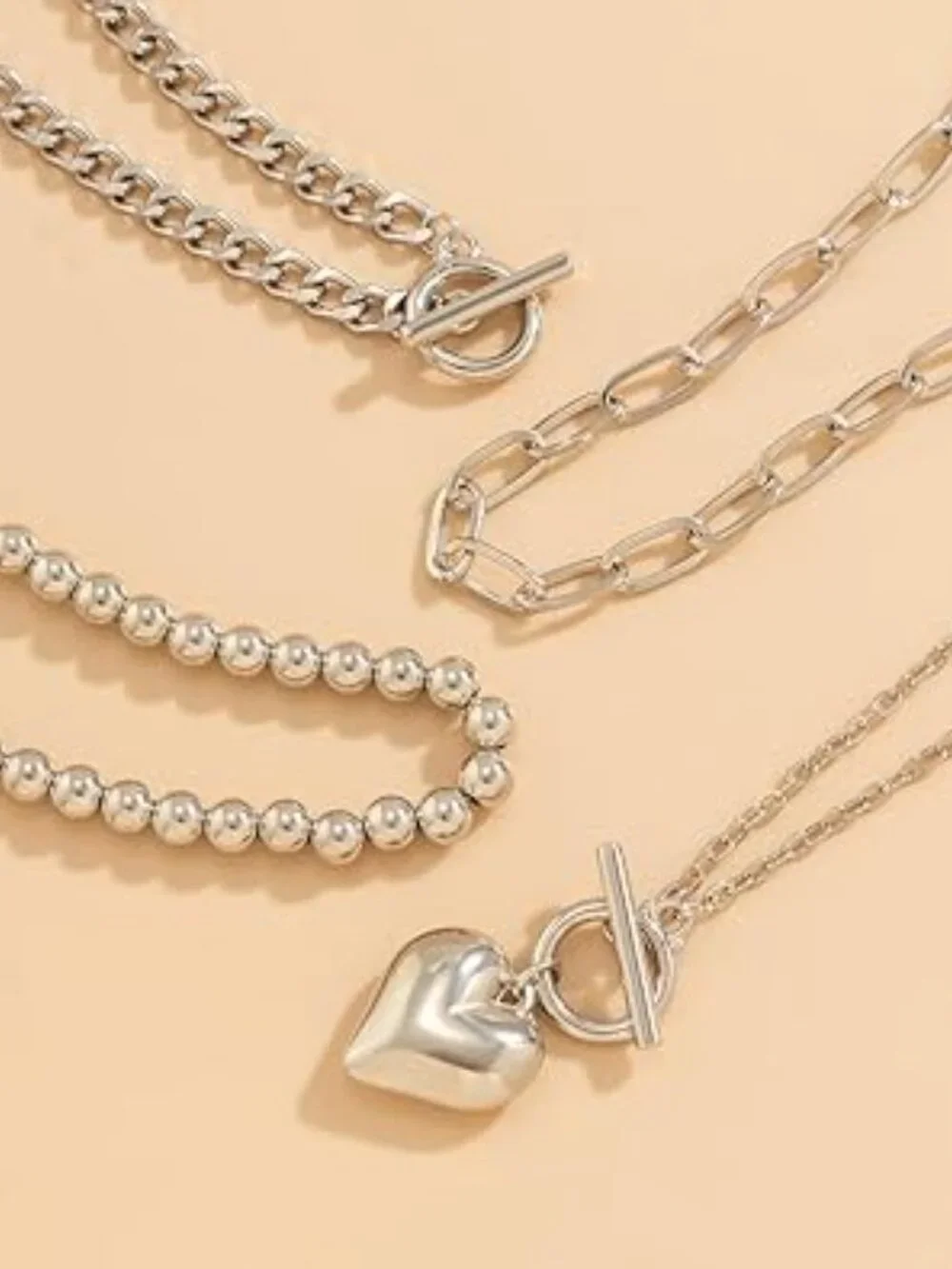 4 Layer Choker Necklace Chunky‎ Heart Silver Tone Statement Piece